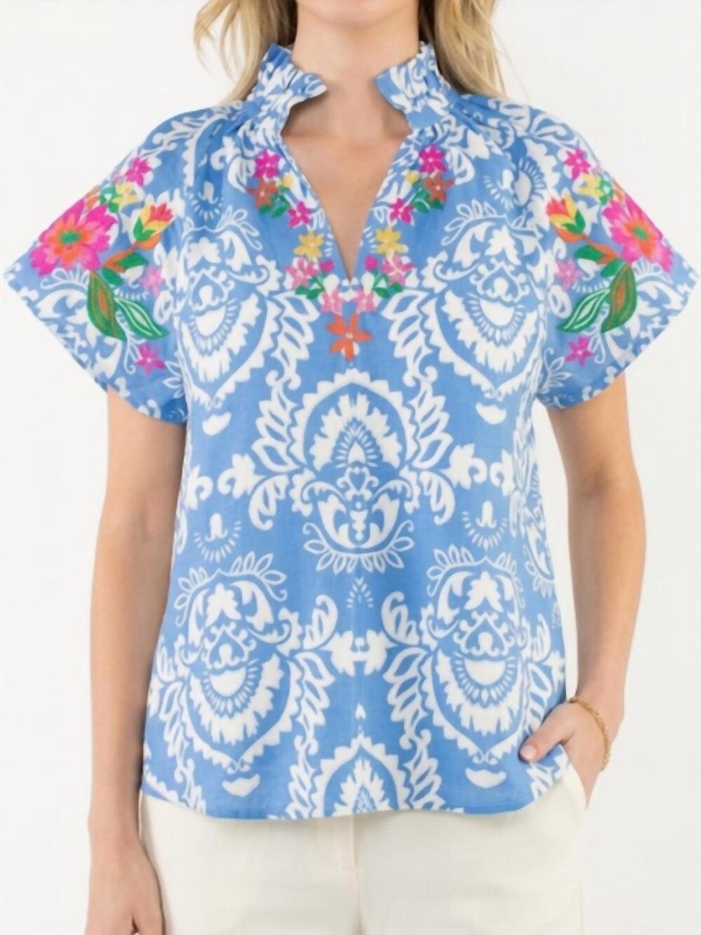 NEW THML embroidered short sleeve top in blue & white